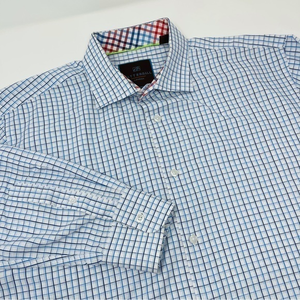 Tattersall London Mens Blue White‎ Checked Longsleeve Shirt Sz.17 (34/35) Cotton